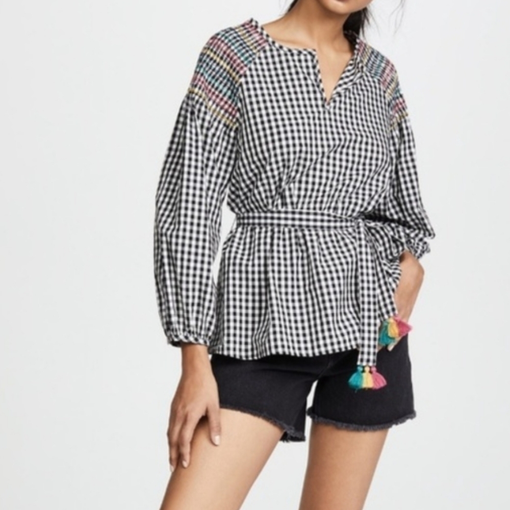 MADEWELL black and white gingham embroidered detail top with waist tie - Picture 1 of 15